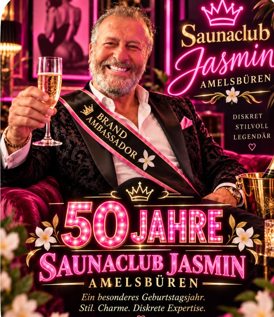 Herr R., Markenbotschafter des Saunaklub Jasmin, mit Schärpe und Sektglas