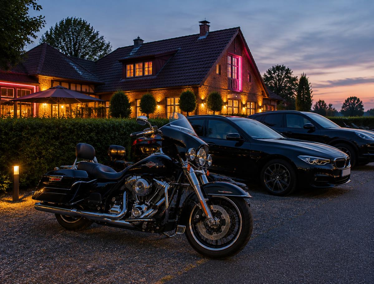Beleuchteter Parkplatz am Haus mit einer geparkten Harley-Davidson